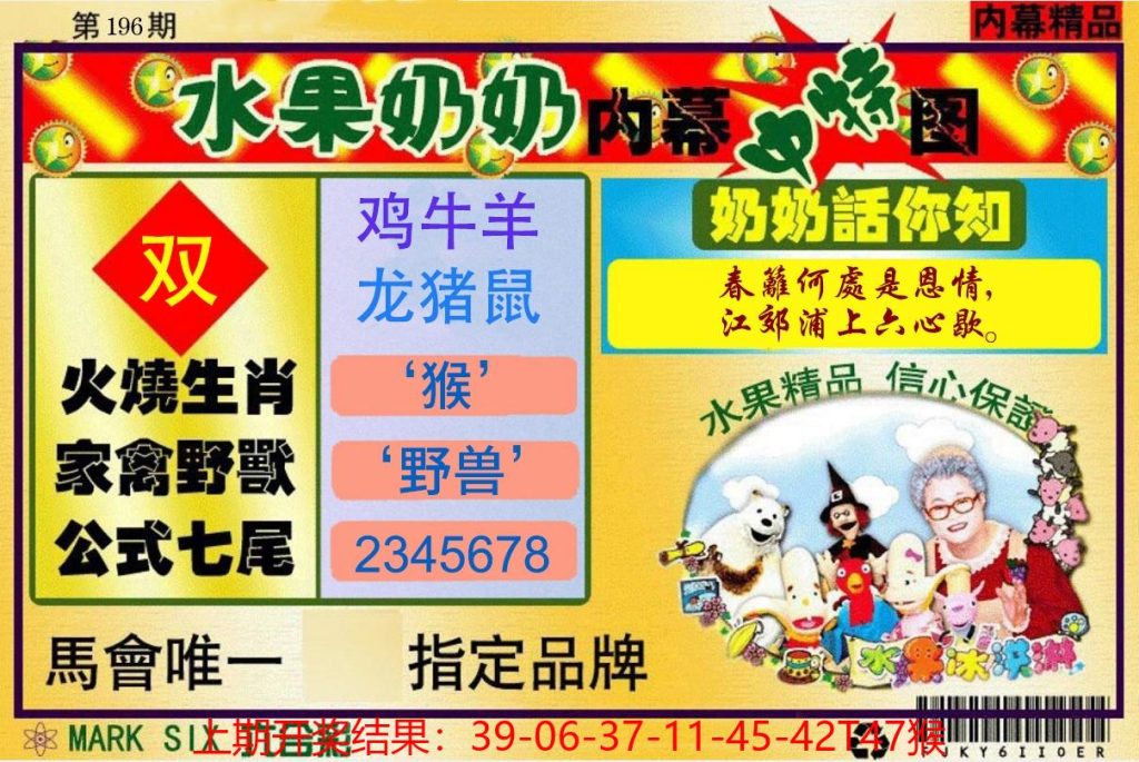 六合彩澳门水果奶奶196期